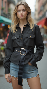 Black Extra Long Fabric Wide Waistband Fashion Belt Gold Metal Buckle XS S